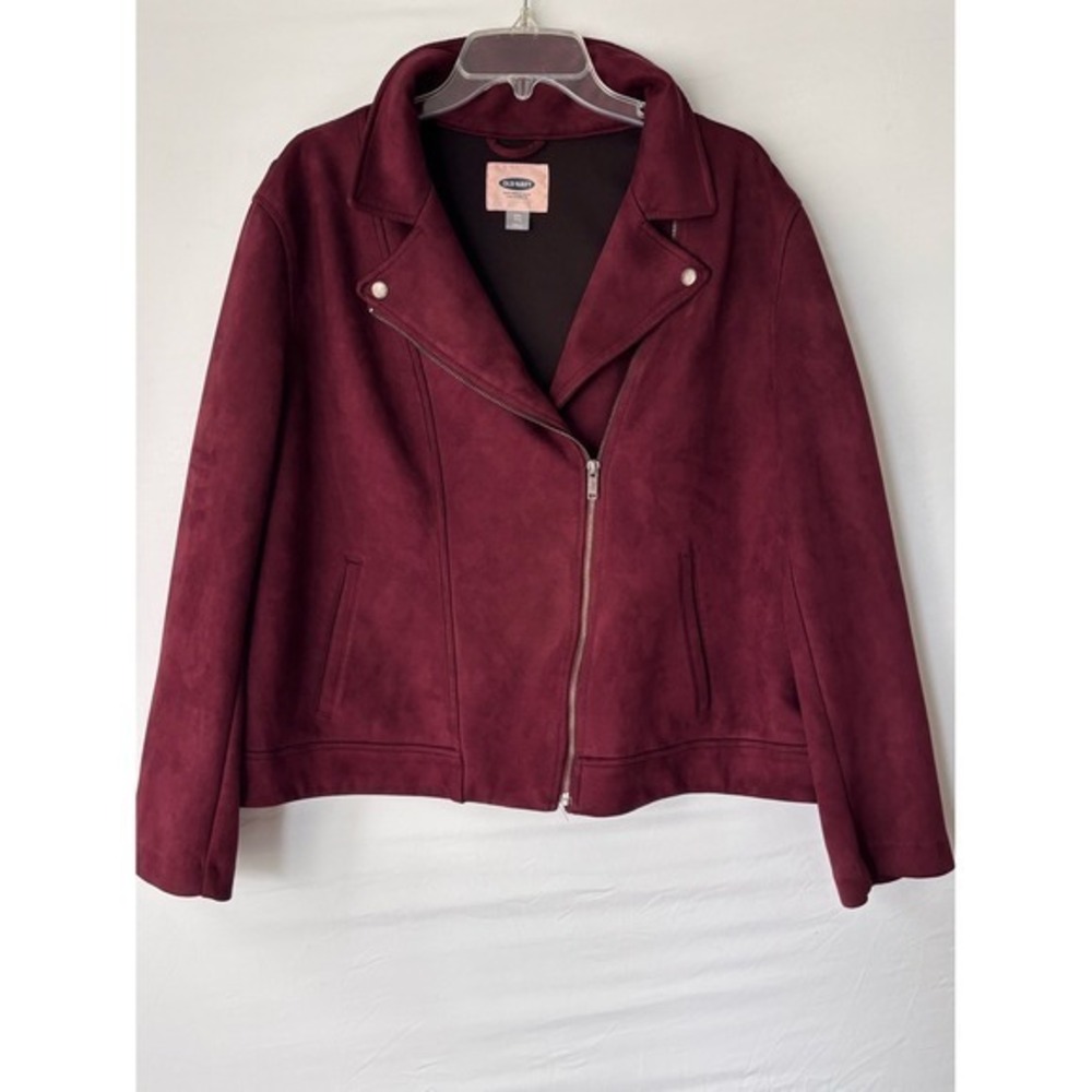 Old Navy Womens XXL Burgundy Faux Suede Moto Biker Jacket Wine Red Zip Up